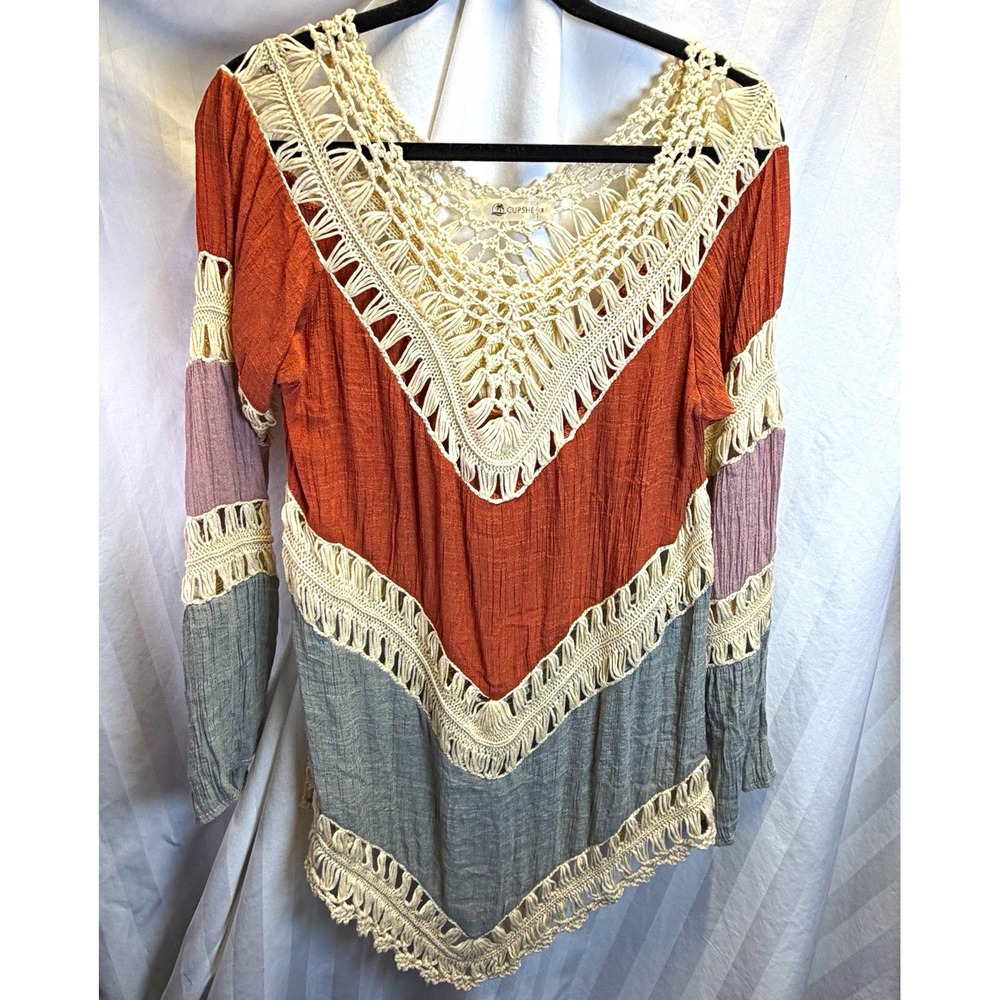 CUPSHE Women's Colorblock Crochet V-Neck Long Sleeve Tunic Blouse Sz M boho